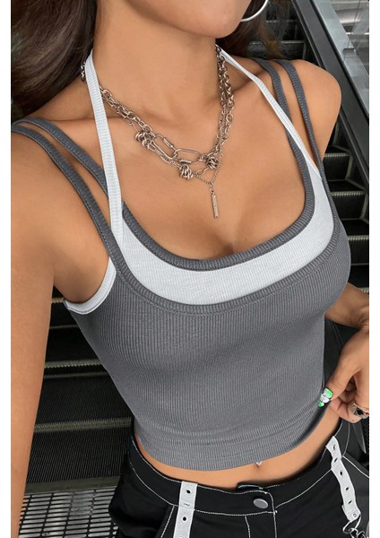 Kadın Antrasit Gri Beyaz Çift Renk Çapraz Askılı Crop Top Bluz