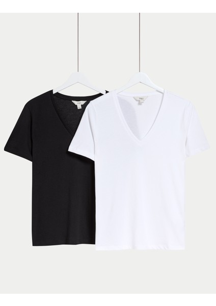 2'li %100 Pamuk V Yaka T-Shirt Seti