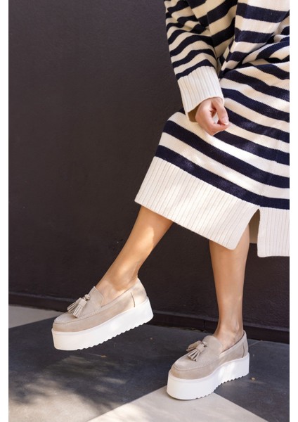 Ajax Kadın Bej Gercek Deri Suet Loafer Puskullu Ayakkabi fiyatları