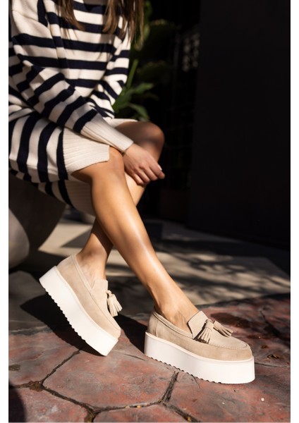 Ajax Kadın Bej Gercek Deri Suet Loafer Puskullu Ayakkabi modelleri