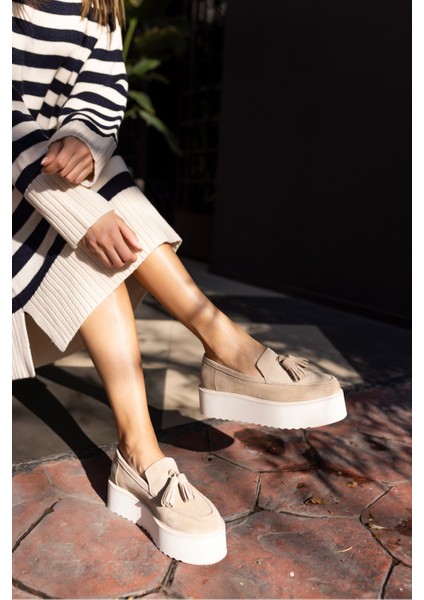 Ajax Kadın Bej Gercek Deri Suet Loafer Puskullu Ayakkabi indirimleri