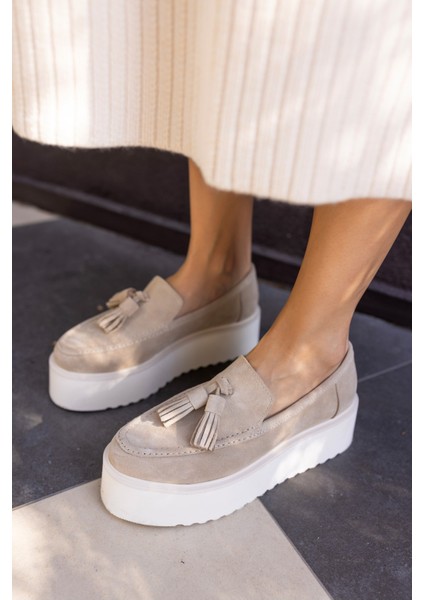 Ajax Kadın Bej Gercek Deri Suet Loafer Puskullu Ayakkabi