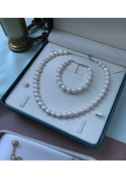 925 Ayar Gümüş Doğal 10MM Inci Kolye Bileklik Set Gelin Düğün Nişan Set