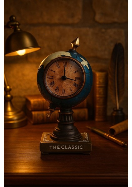 Çalışma Masanıza Klasik Asil Tasarım Nostaljik Masa Saati Biblosu Dünya Küresi Antika Saat 19 Cm-M fırsatları