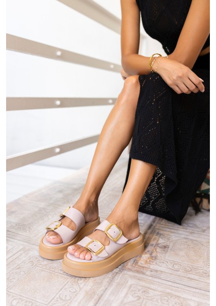 Torti Kadin Vızon Gercek Deri Tokalı Sandalet