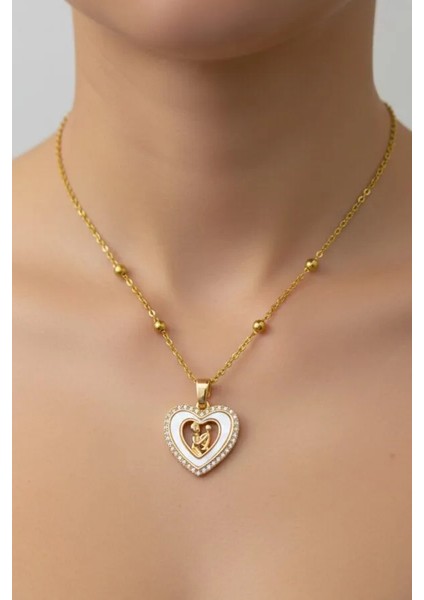 Altın Renk Beyaz Mineli Anne Kız Kalp Model Top Zincir Çelik Kolye