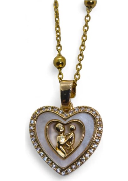 Altın Renk Beyaz Mineli Anne Kız Kalp Model Top Zincir Çelik Kolye fiyatları