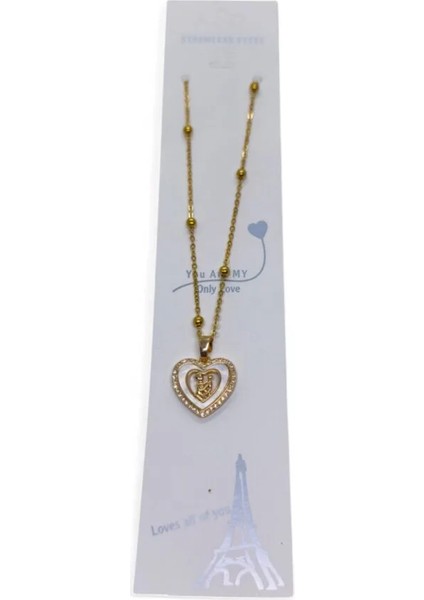 Altın Renk Beyaz Mineli Anne Kız Kalp Model Top Zincir Çelik Kolye modelleri