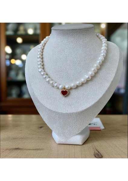 Doğal 8mm Inci Kolye Çelik Aparat Kırmızı Zirkon Kalp Charm