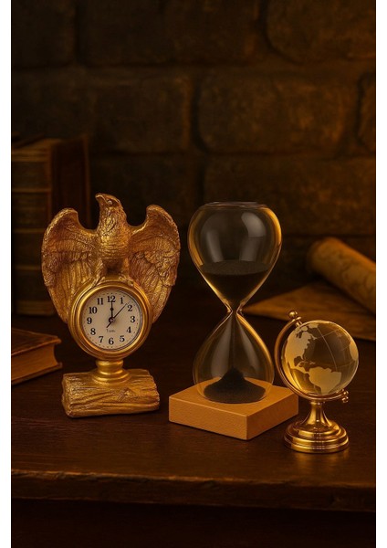Koleksiyonluk Ihtişamlı Altın Renkli Kartal Heykeli Masa Saati Cam Dünya Küre ve Kum Saati Hediye