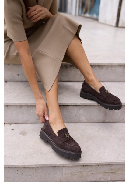 Mirela Kadin Taba Tutun Gercek Suet Loafer Ayakkabi