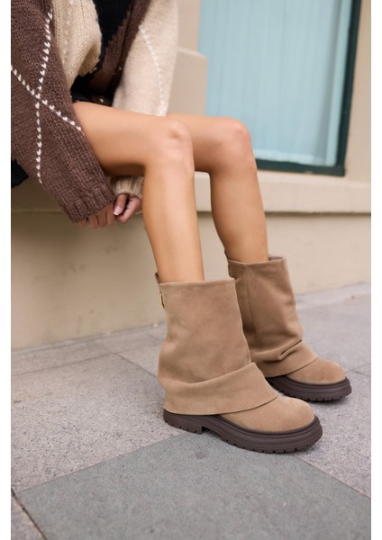 Depay Kadın Kahverengi Gercek Deri Suet Katlama Detay Bot modelleri