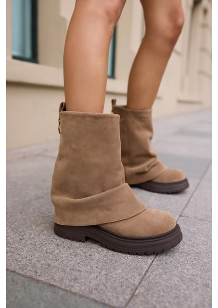 Depay Kadın Kahverengi Gercek Deri Suet Katlama Detay Bot