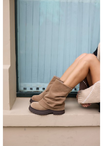 Depay Kadın Kahverengi Gercek Deri Suet Katlama Detay Bot