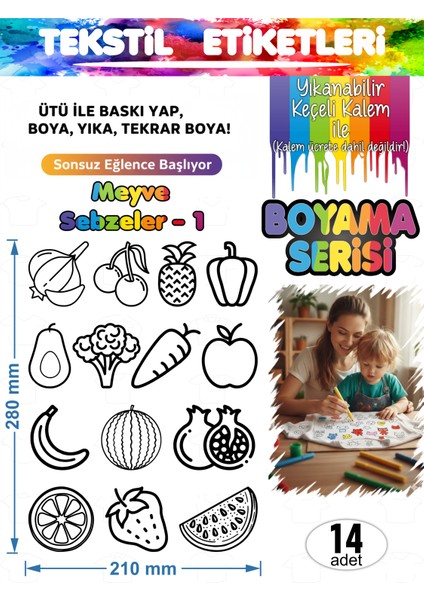Yıkanabilir Keçeli Kalem ile Boyanan Tişört Ütü Etiketi Meyve Sebzeler Serisi-1 14LÜ Set