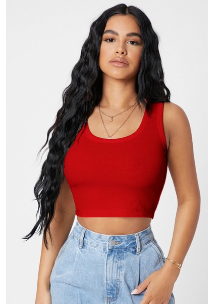 Kadın Kırmızı Kare Yaka Crop Top Bluz