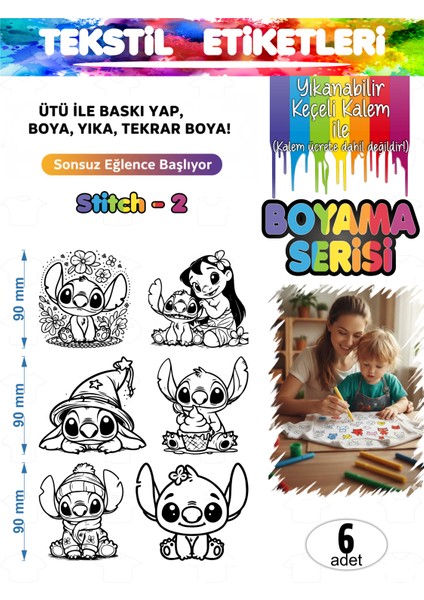 Yıkanabilir Keçeli Kalem ile Boyanan Tişört Ütü Etiketi Stitch Serisi-2 6lı Set