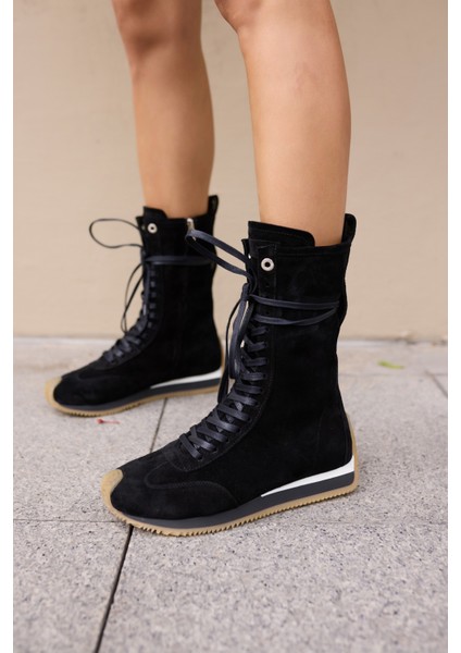 Carmira Kadin Siyah Gercek Suet Boksor Sneaker Bot