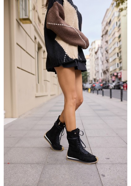 Carmira Kadin Siyah Gercek Suet Boksor Sneaker Bot