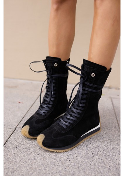 Carmira Kadin Siyah Gercek Suet Boksor Sneaker Bot