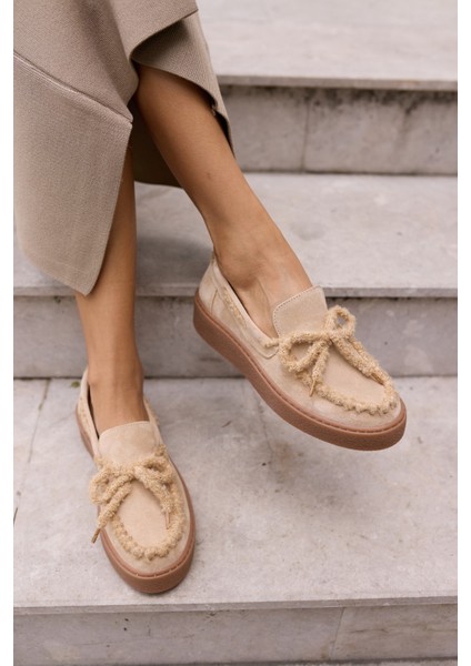 Pavlina Kadın Bej Gercek Suet Deri Loafer Ayakkabi modelleri