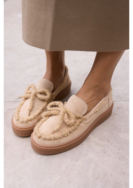 Pavlina Kadın Bej Gercek Suet Deri Loafer Ayakkabi