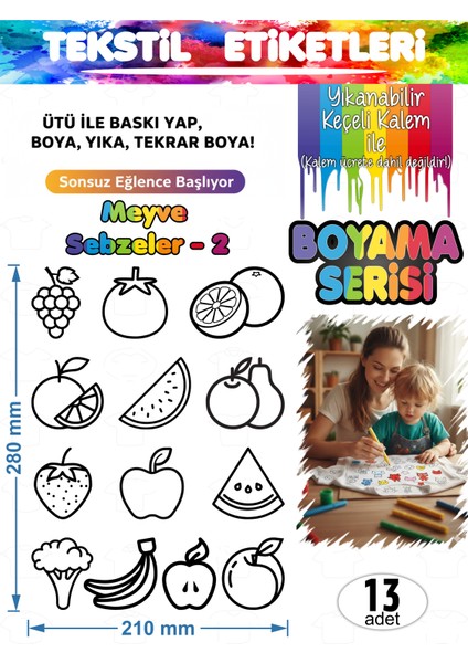 Yıkanabilir Keçeli Kalem ile Boyanan Tişört Ütü Etiketi Meyve Sebzeler Serisi-2 13LÜ Set