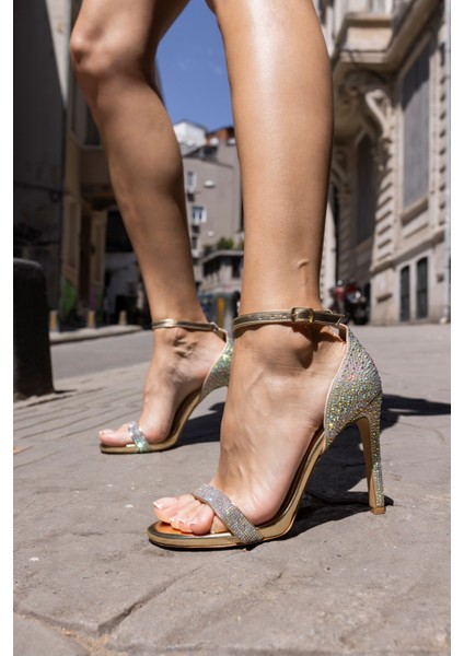 Vili Kadin Gumus Taş Detayli Tek Bant Topuklu Abiye Sandalet