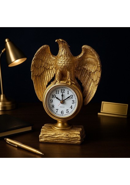 Çalışma Alanınıza Şıklık Katın Güçlü Ihtişamlı Altın Renkli Kartal Heykeli masa Saati biblo 21X13 cm