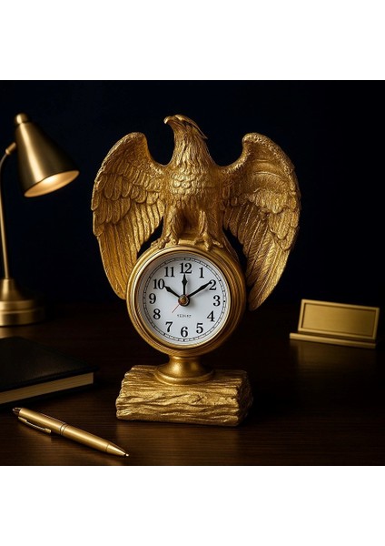Çalışma Alanınıza Şıklık Katın Güçlü Ihtişamlı Altın Renkli Kartal Heykeli masa Saati biblo 21X13 cm modelleri