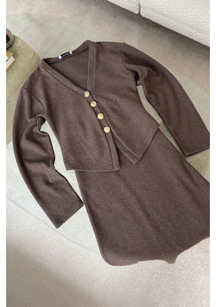 Gold Düğmeli Fitilli Etekli Takım- Kahverengi indirimleri