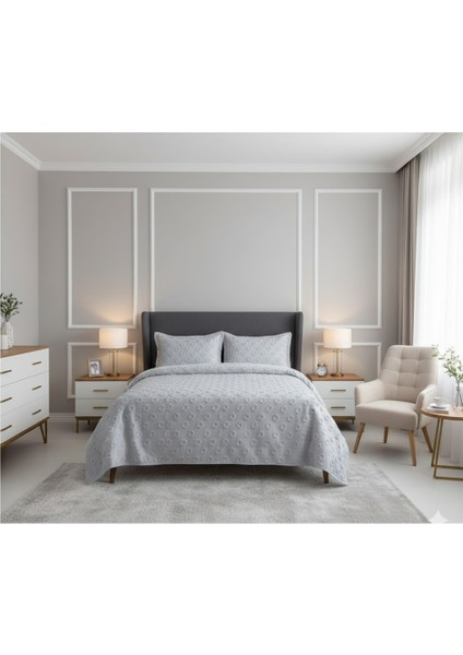 Jakarlı Sakallı Yatak Örtüsü Tek Kişilik Damla Gri