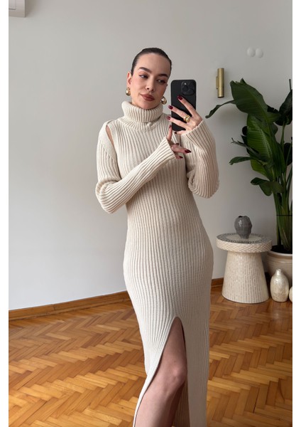 Boğazlı Elbiseli Hırka Takım- Ekru
