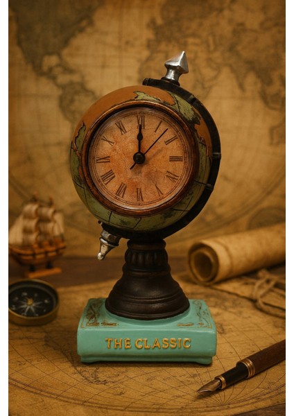 Nostaljik Klasik Prestijli Çalışma Masanıza Masa Saati Biblosu Dünya Küresi Antika Saat 19 Cm-Y