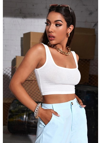 Kadın Beyaz Kalın Askılı Crop Top Büstiyer modelleri