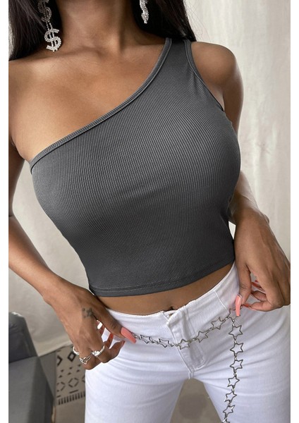 Kadın Koyu Gri Tek Omuz Crop Büstiyer
