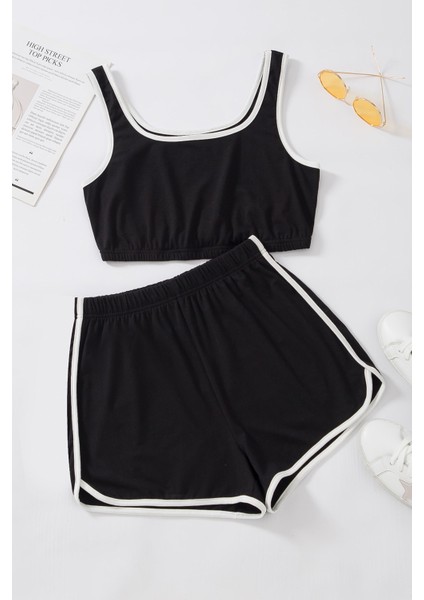 Kadın Siyah Askılı Crop Top ve Şortlu Gecelik Takım
