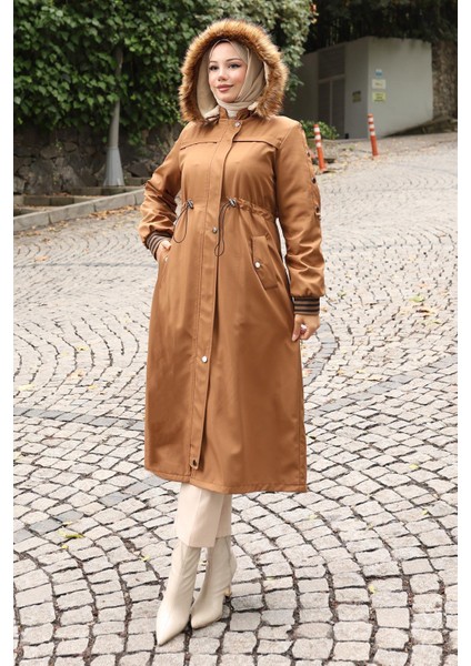 Kürk Yakalı Beli Bağcıklı Mont Taba 19269