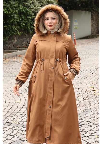 Kürk Yakalı Beli Bağcıklı Mont Taba 19269 fiyatları