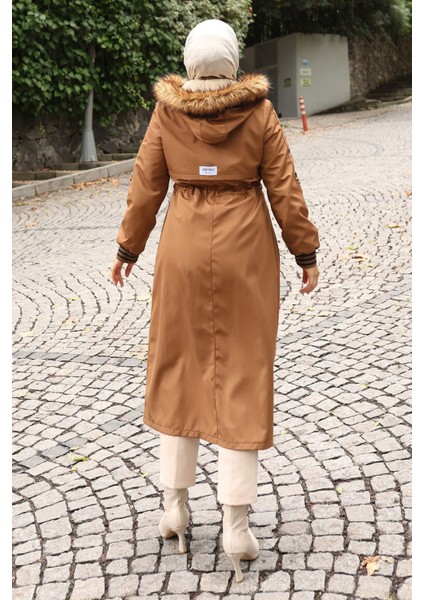 Kürk Yakalı Beli Bağcıklı Mont Taba 19269 modelleri