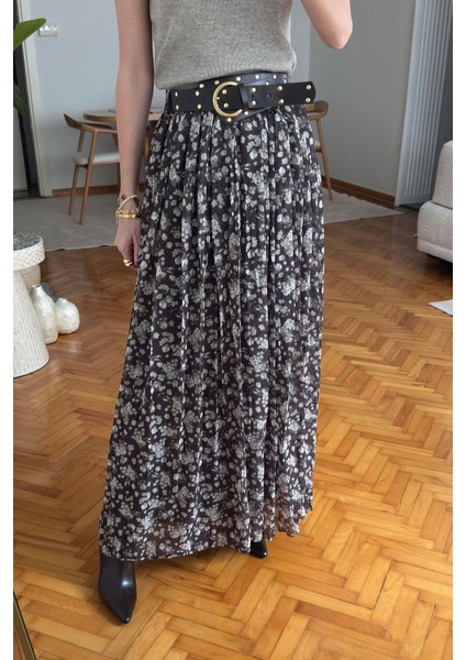 Çiçek Desen Tasarım Kemerli Pileli Şifon Etek- Haki