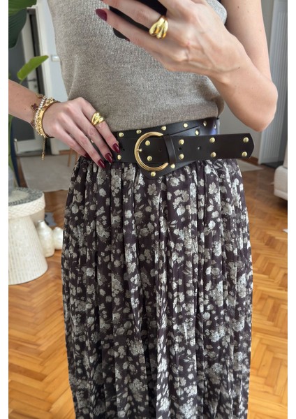 Çiçek Desen Tasarım Kemerli Pileli Şifon Etek- Haki fiyatları