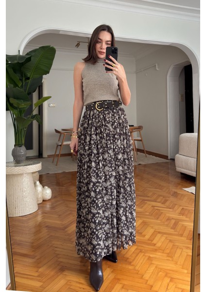 Çiçek Desen Tasarım Kemerli Pileli Şifon Etek- Haki modelleri