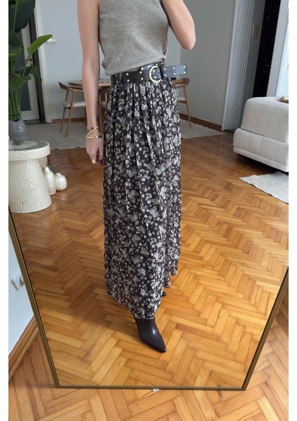 Çiçek Desen Tasarım Kemerli Pileli Şifon Etek- Haki indirimleri