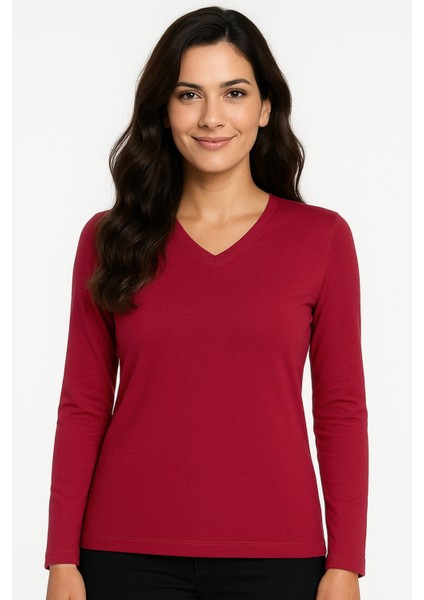 Kadın Bade V Yaka Dar Kalıp Koyu Kırmızı Penye Bluz