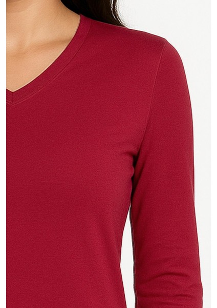 Kadın Bade V Yaka Dar Kalıp Koyu Kırmızı Penye Bluz fiyatları