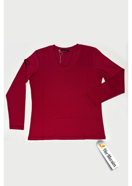Kadın Bade V Yaka Dar Kalıp Koyu Kırmızı Penye Bluz modelleri