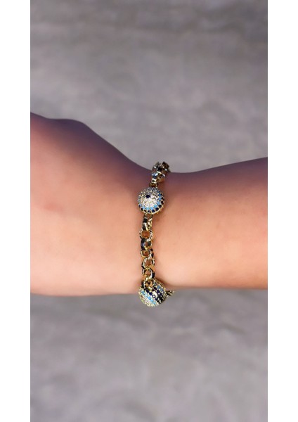 14 Ayar Altın Kaplama Renginde Ayarlanabilir Taşlı Nazar Boncuklu Bileklik