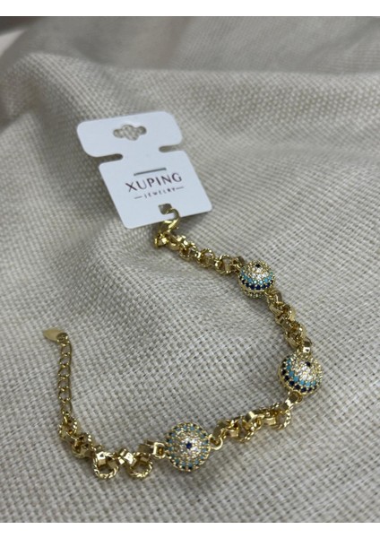 14 Ayar Altın Kaplama Renginde Ayarlanabilir Taşlı Nazar Boncuklu Bileklik fırsatları