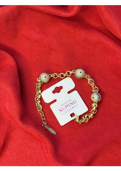 14 Ayar Altın Kaplama Renginde Ayarlanabilir Taşlı Nazar Boncuklu Bileklik